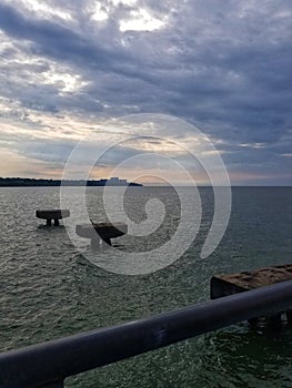 Sunset over Lake Erie at Edgewater pier in Cleveland, Ohio