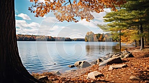 Lake in the fall with changing leaves and water reflection