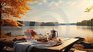 lake fall table sunny scenic