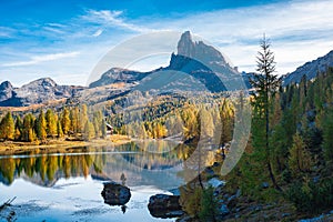 Lake Federa in the Dolomites in autumn