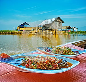Lake fish in traditional restaurant, Inle Lake, Myanmar
