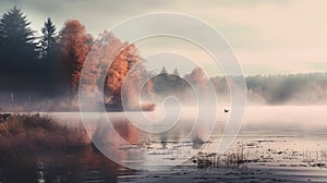 Lake fog sunrise with Autumn foliage and mountains