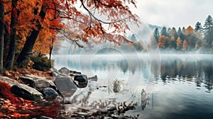 Lake fog sunrise with Autumn foliage and mountains