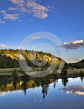 Lake and forested mountains