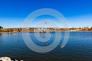 The lake and fountain of the Heartland of America Park at the Riverfront Omaha Nebraska