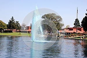 Lake with fountains and aquatic birds, Heritage Park, Synnyvale, California