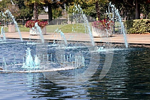 Lake with fountains and aquatic birds, Heritage Park, Synnyvale, California
