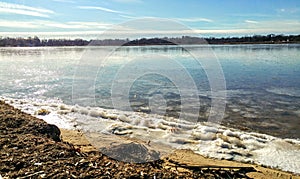 Lake with Frozen Ice along Shore Line