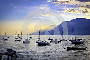 Lake Garda Harbour at sunset with boats