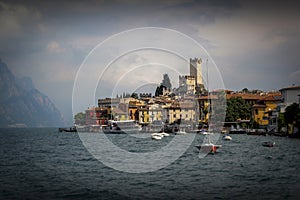 Lake Garda Italy boats, Malcesine Castle and old town