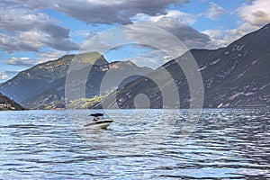 Lake Garda, Italy - July 18, 2021: Landscape of the water of lake Garda, Italy