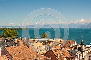 Lake Geneva and city of Nyon, Switzerland photo