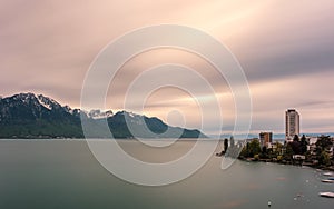 Lake Geneva and snow capped mountains in Switzerland