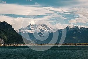 Lake Geneva and snow capped mountains in Switzerland