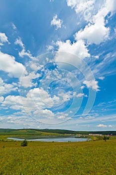 Lake and green grass under the blue sky and white clouds