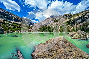Lake Haiyaha in Rocky Mountain National Park with Milkweed