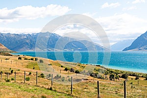 Lake Hawea and pastures on a sunny day