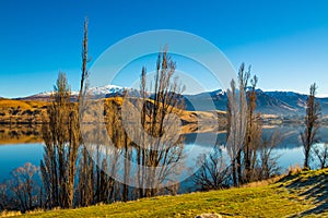 Lake Hayes on a clear blue sky, beautiful water reflection