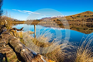 Lake Hayes on a clear blue sky, beautiful water reflection