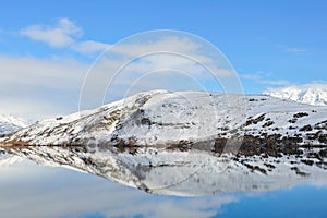 Lake Hayes with snow mountain reflections