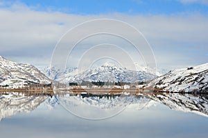 Lake Hayes with snow mountain reflections