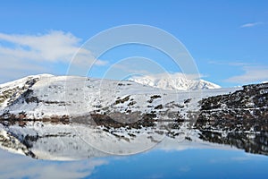 Lake Hayes with snow mountain reflections