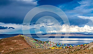 Lake by the hill under blue sky