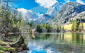 Lake Hintersee in Germany, Bavaria, Ramsau National Park in the Alps. Beautiful winter landscape
