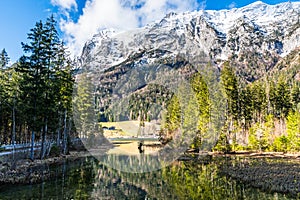 Lake Hintersee in Germany, Bavaria, Ramsau National Park in the Alps. Beautiful winter landscape