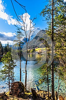 Lake Hintersee in Germany, Bavaria, Ramsau National Park in the Alps. Beautiful winter landscape