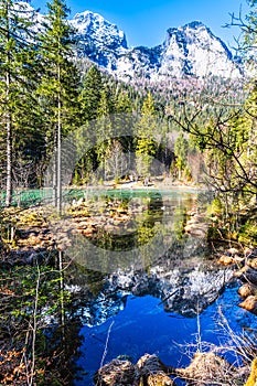 Lake Hintersee in Germany, Bavaria, Ramsau National Park in the Alps. Beautiful winter landscape