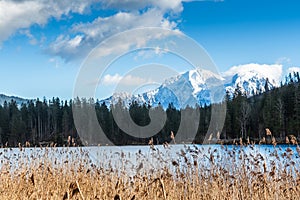 Lake Hintersee in Germany, Bavaria, Ramsau National Park in the Alps on a sunny winter day