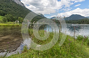 Lake Hintersee near Ramsau in Bavarian alps with hotels