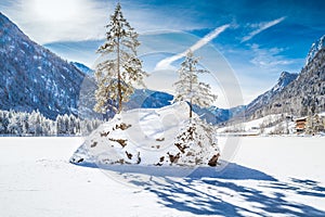 Lake Hintersee in winter, Berchtesgadener Land, Bavaria, Germany