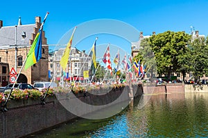 Lake Hofvijver with flags in Hague