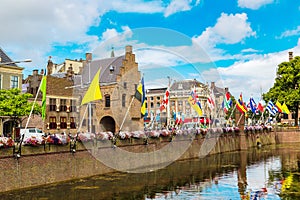 Lake Hofvijver with flags in Hague