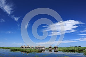 Lake, house, duckweed, blue sky and white clouds