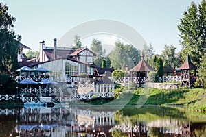 Lake house at the shore of lake, restaraunt at the shore.