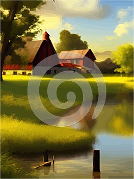 Lake houses, summer natural landscape vector illustration. Cartoon beautiful