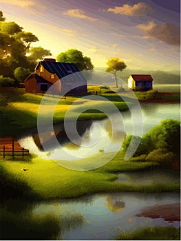 Lake houses, summer natural landscape vector illustration. Cartoon beautiful