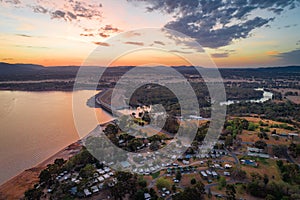 Lake Hume Dam and Village at dusk.