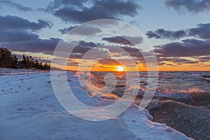 Lake Huron Shoreline in Winter at Sunset