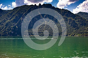 Lake Idro, Lombardy, Italy. Alpine setting, forested slopes
