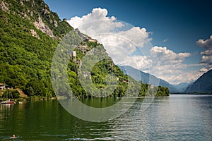Lake Idro, Lombardy, Italy. Alpine setting, forested slopes