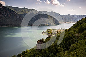 Lake Idro, Lombardy, Italy. Alpine setting, forested slopes