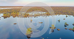 Lake with islands at swamp Yelnya, Belarus