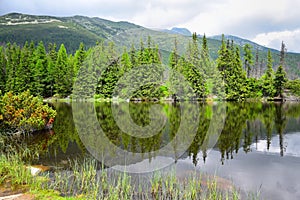 Jamské pleso vo Vysokých Tatrách s horami v pozadí. Odraz v jazere.Slovensko