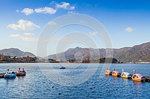 Lake Kawaguchiko Swan water bike boat and mountain view - Japan