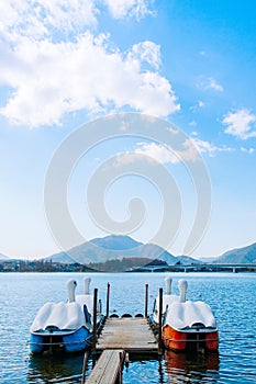 Lake Kawaguchiko Swan water bike boat and Ohashi bridge - Japan