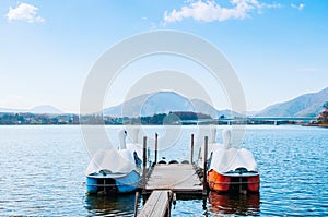 Lake Kawaguchiko Swan water bike boat and Ohashi bridge - Japan